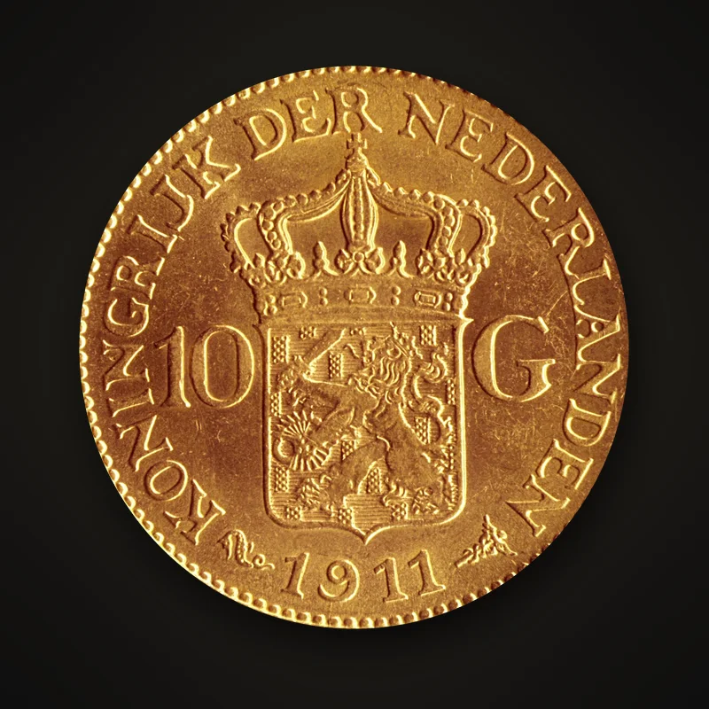 10 florins or de 1911, revers : écu au lion des Pays-Bas couronné