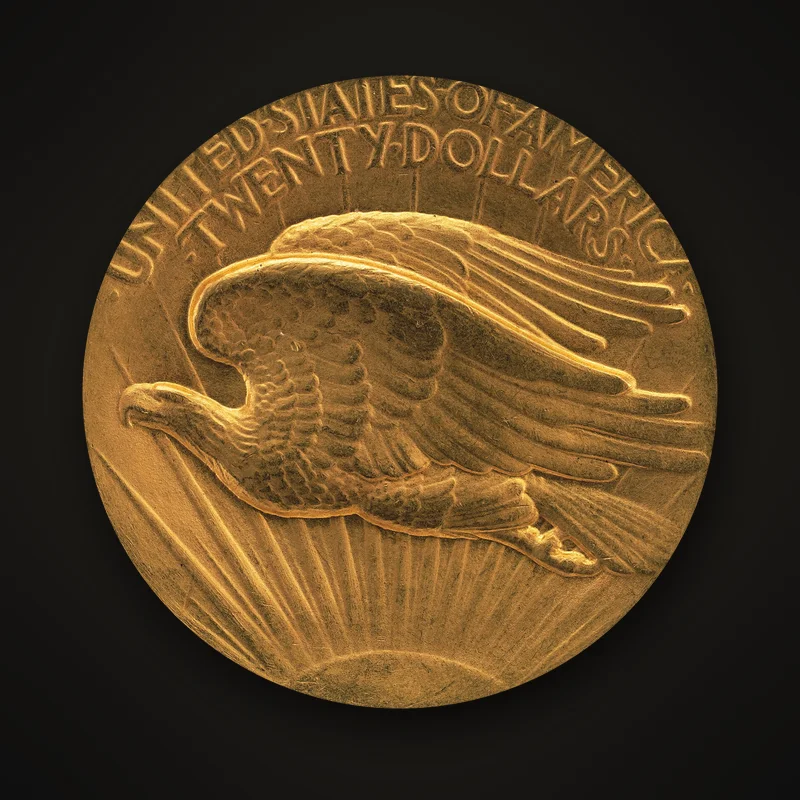 20 dollars or Saint-Gaudens de 1907, revers : aigle en vol au-dessus d’un soleil levant