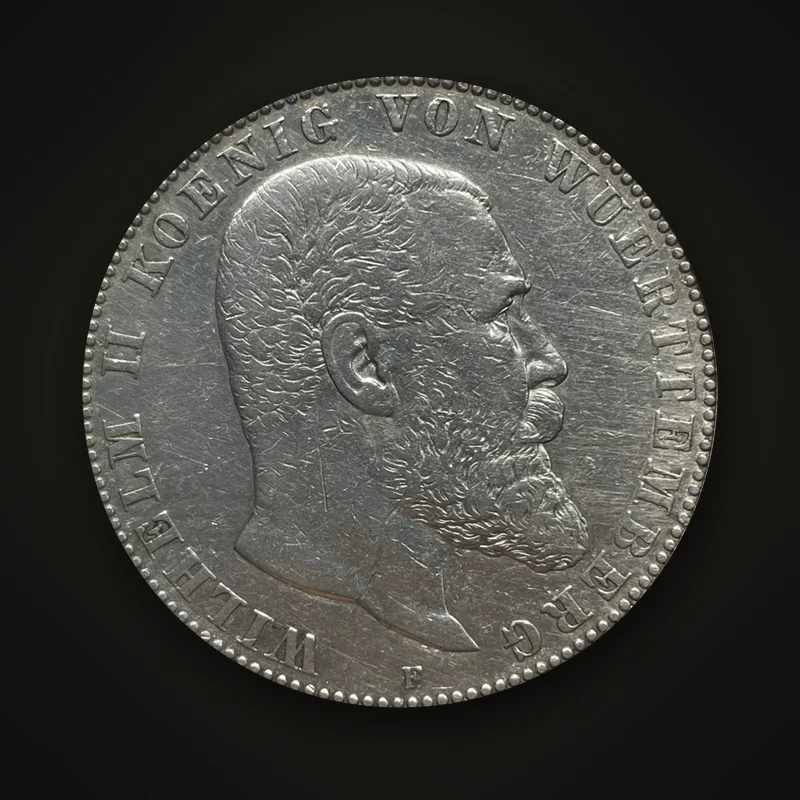 5 marks en argent du Wurtemberg de 1900, avers : tête du roi Guillaume II